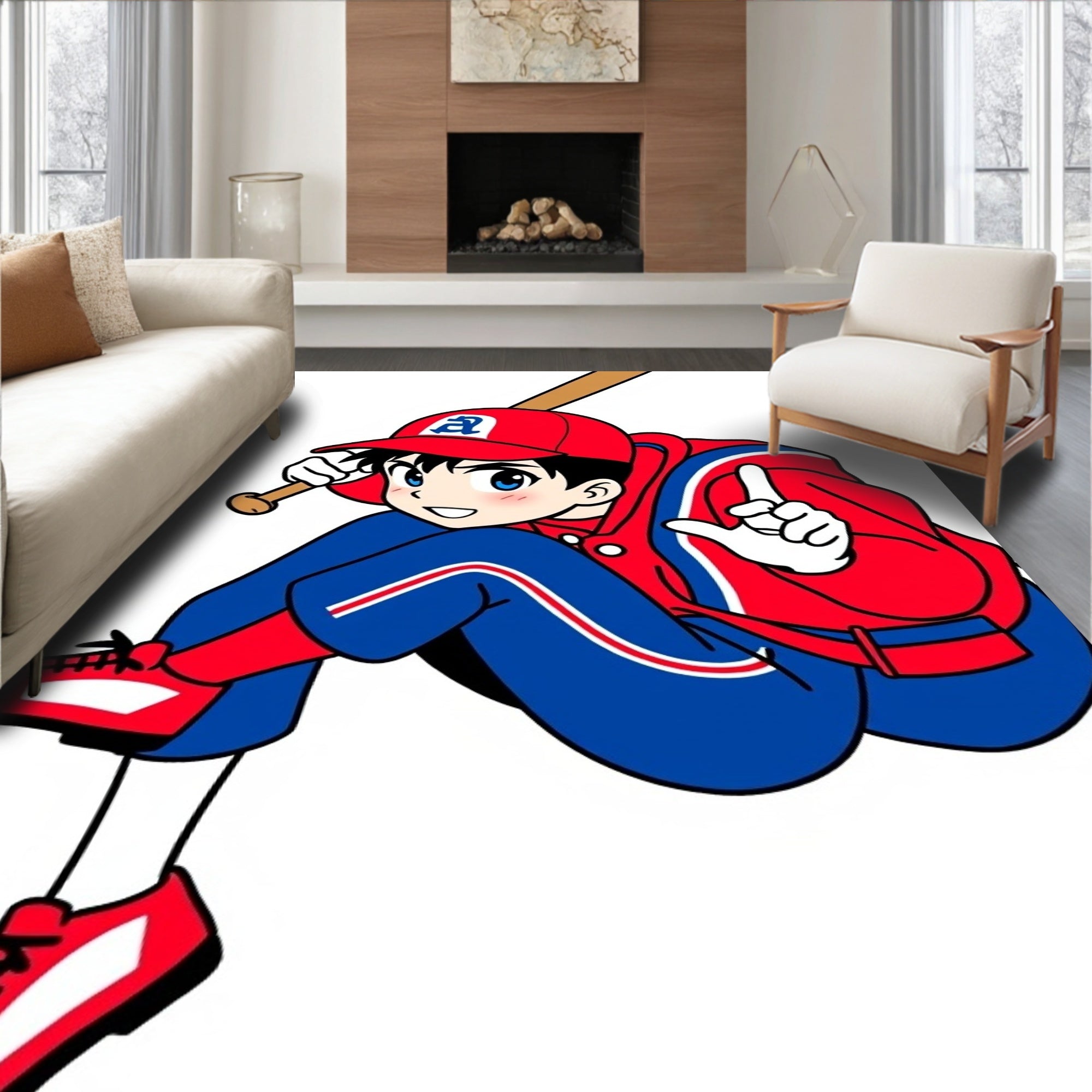 Anime Baseball Player Red Blue Uniform Rug