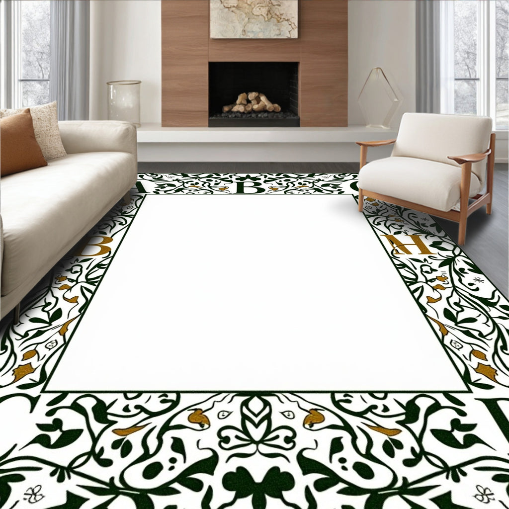 Ornate Green Gold Leaf Border Rug