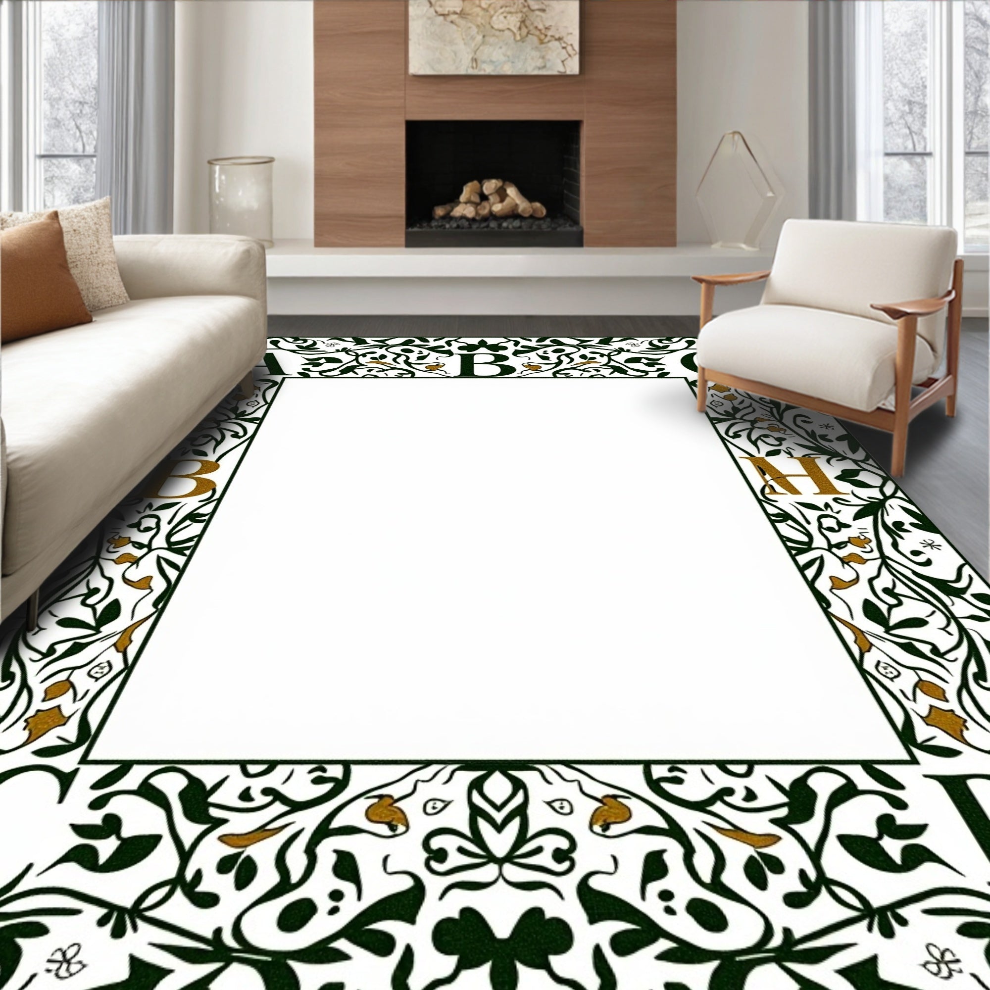 Ornate Green Gold Leaf Border Rug