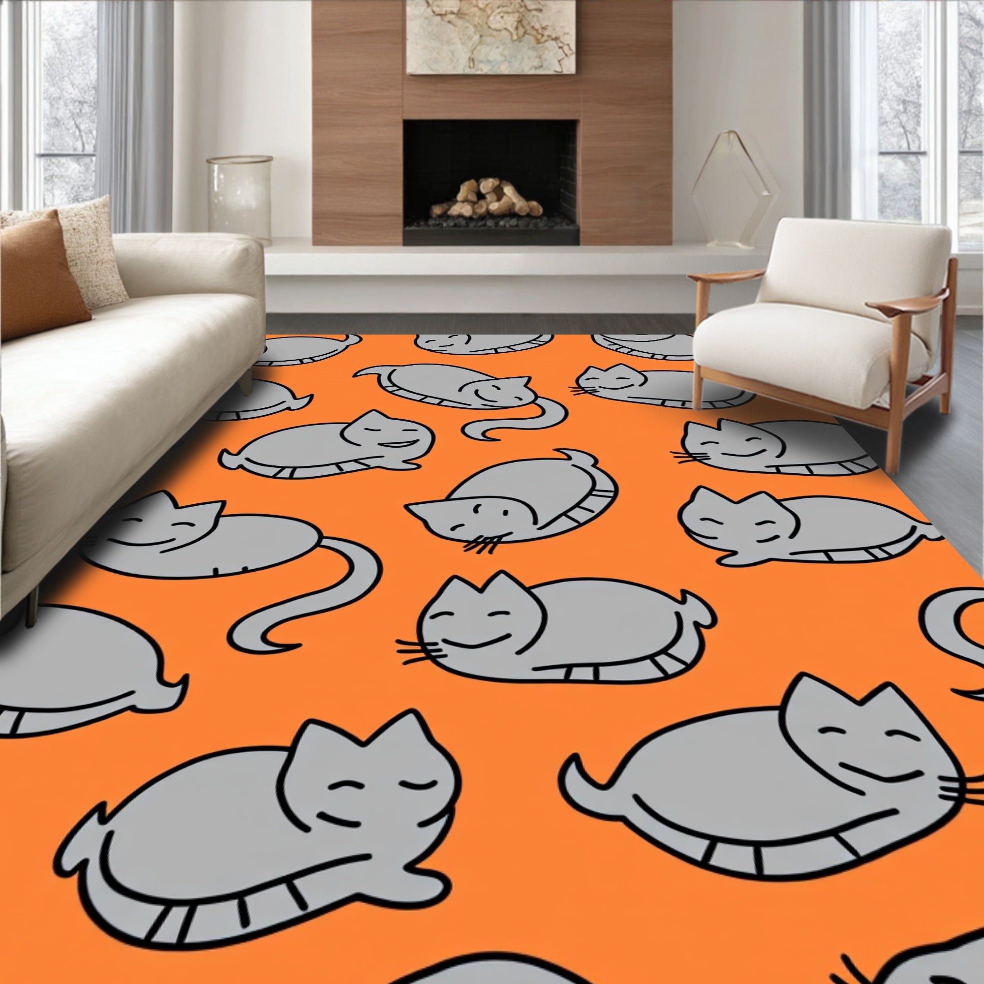 Orange Gray Cartoon Cat Repeating Rug