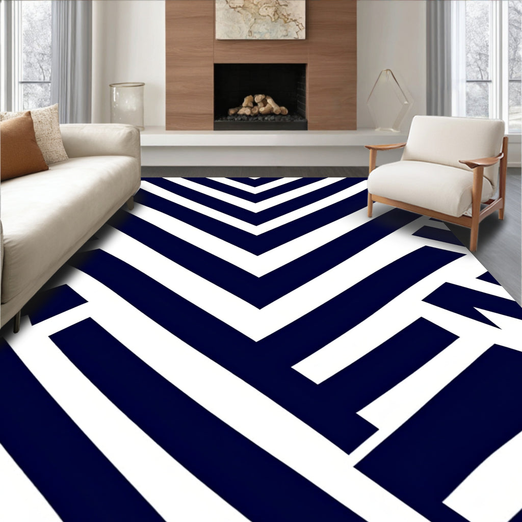 Dark Blue White Geometric Angle Rug