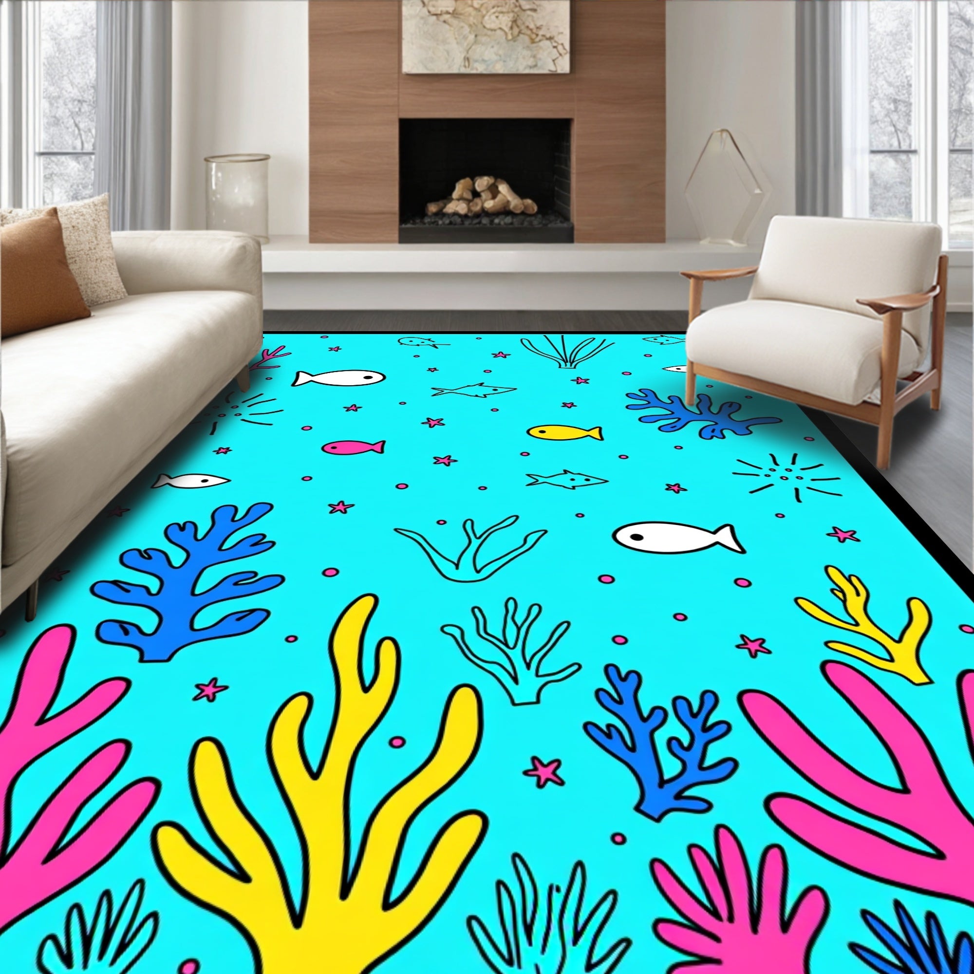 Aqua Marine Life Coral Fish Rug