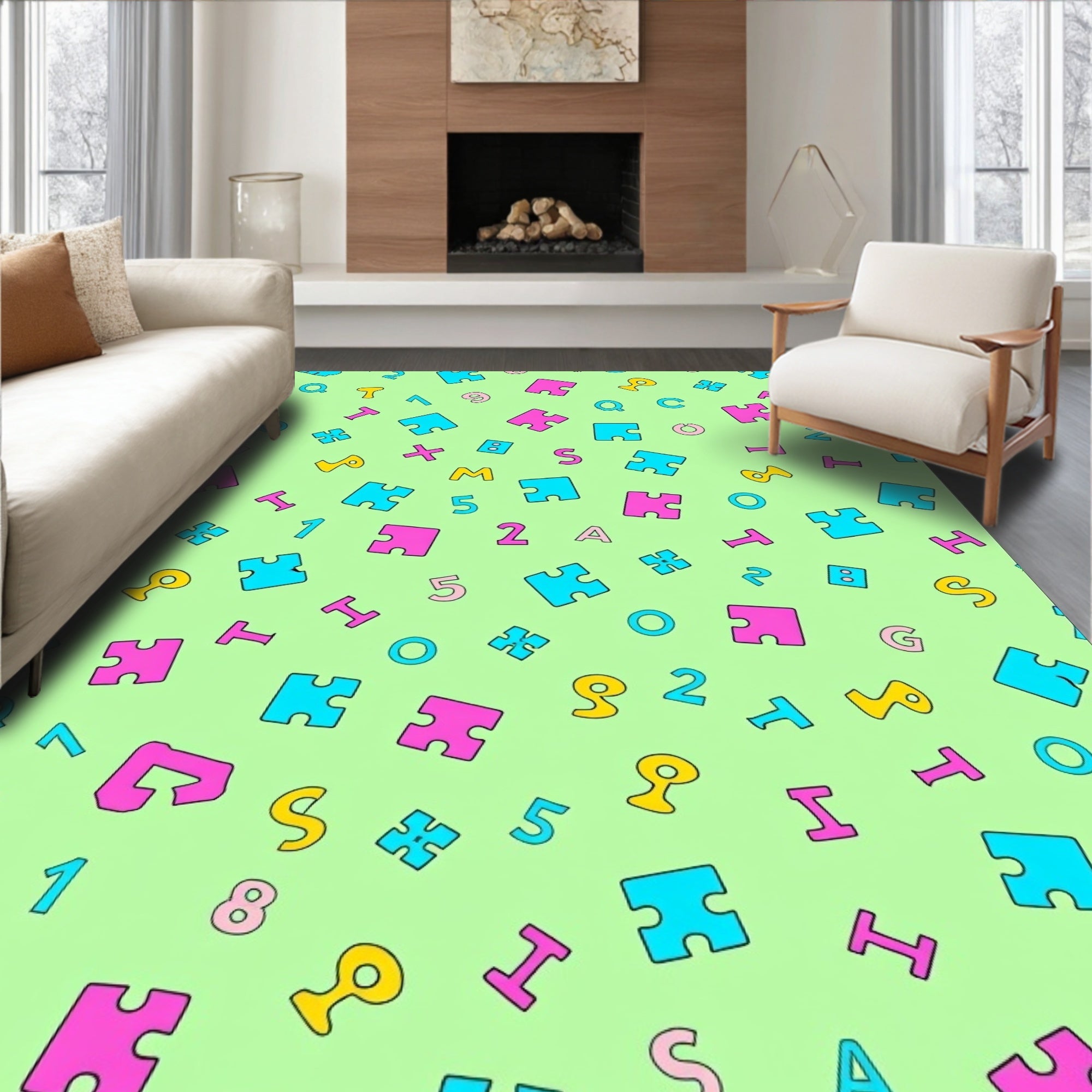 Playful Puzzle Pieces and Numbers Scattered Rug
