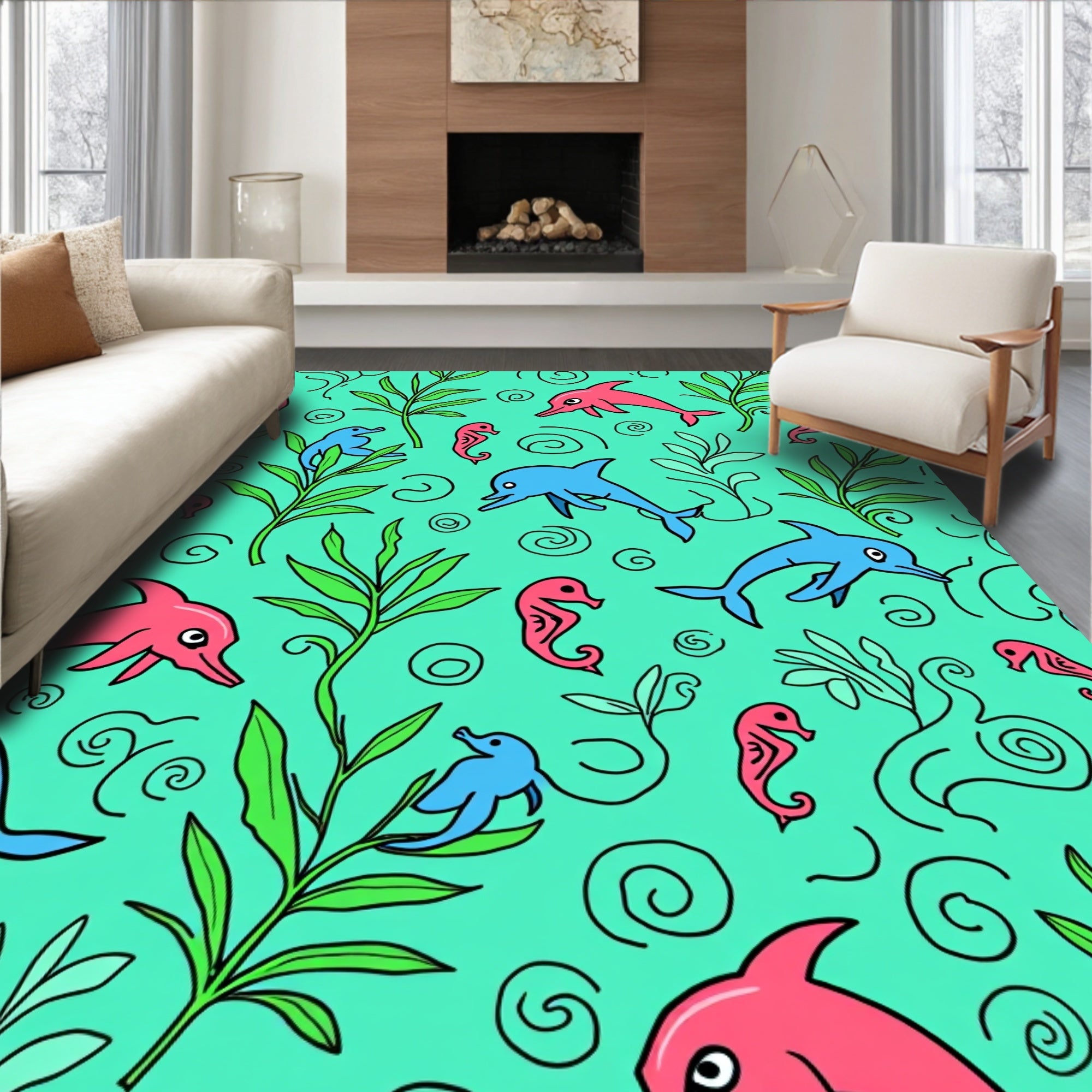 Playful Pink Blue Dolphin Seahorse Swirls Rug