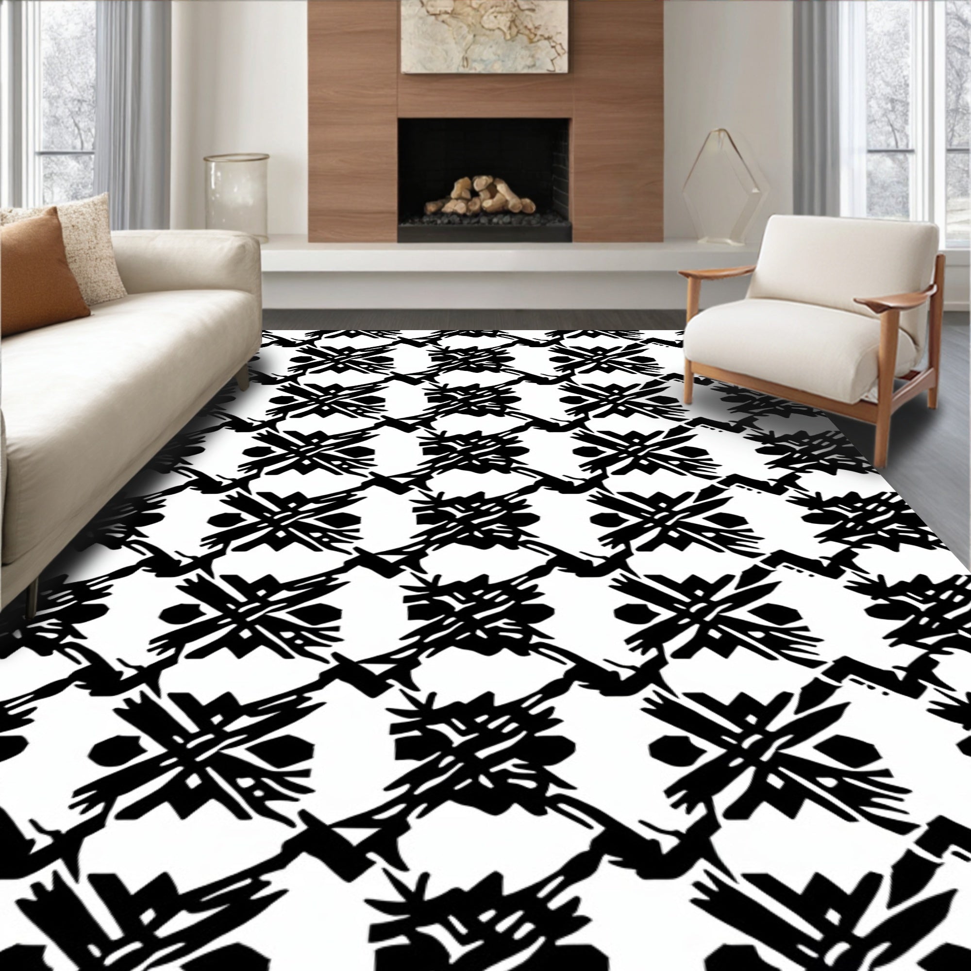 Black White Abstract Geometric Square Rug