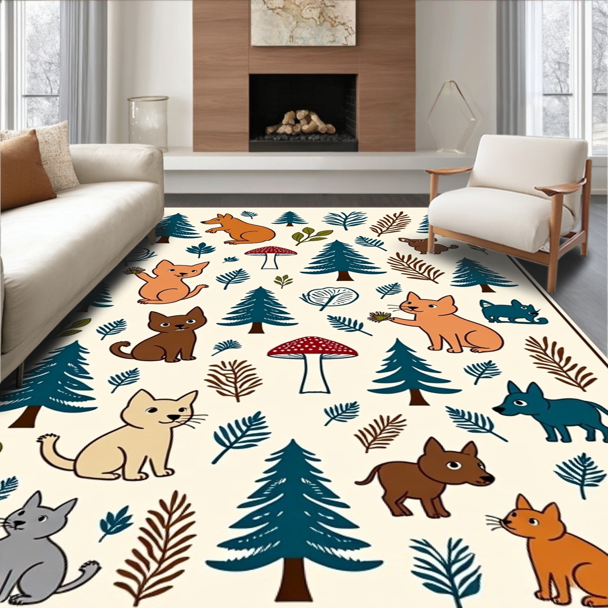 Whimsical Forest Animals Mushroom Trees Rug