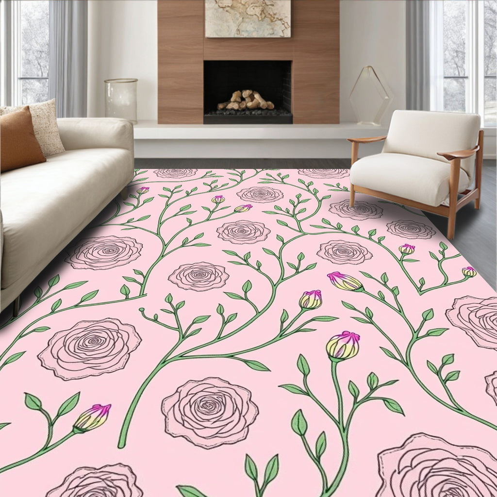 Pink Rose Vine Botanical Art Rug