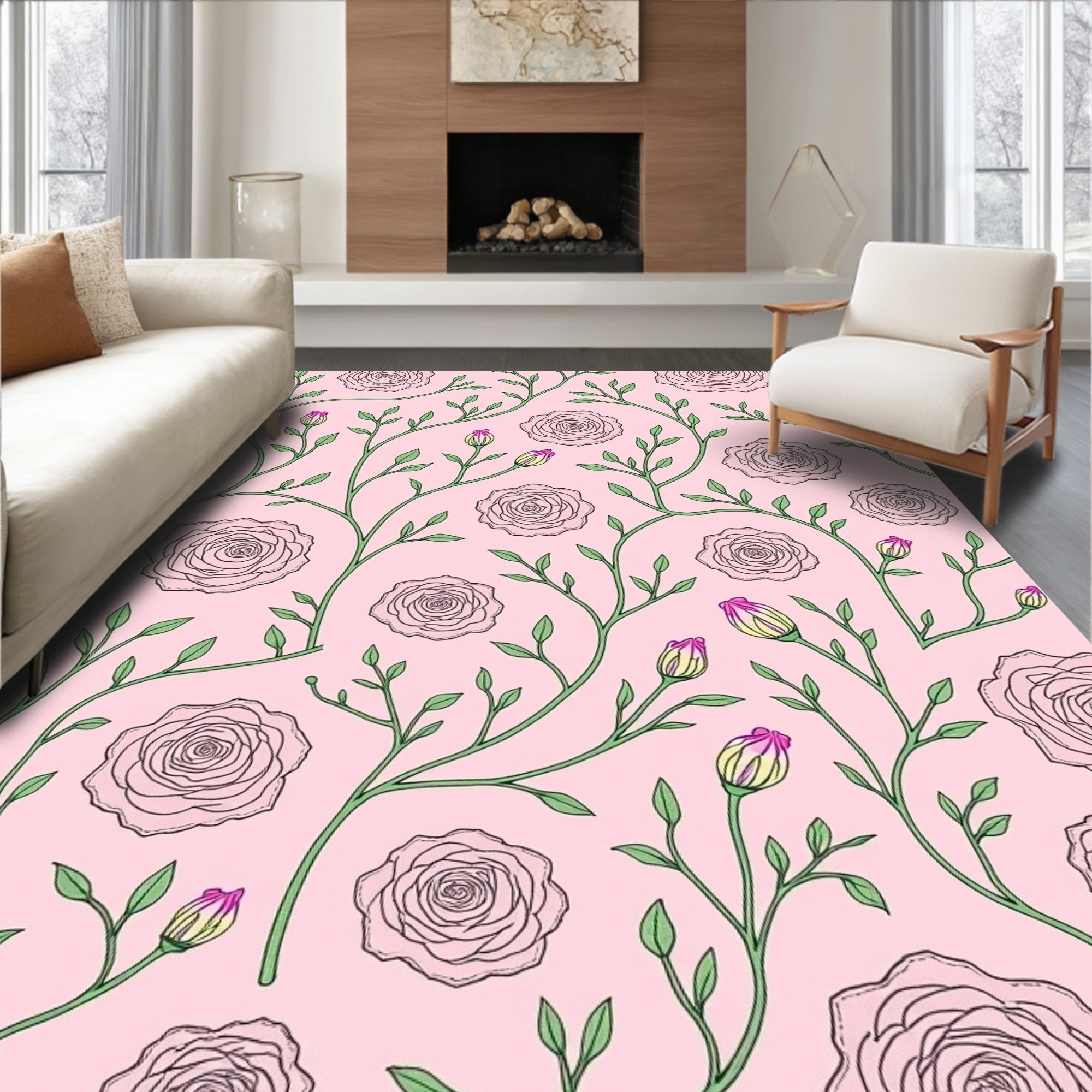 Pink Rose Vine Botanical Art Rug