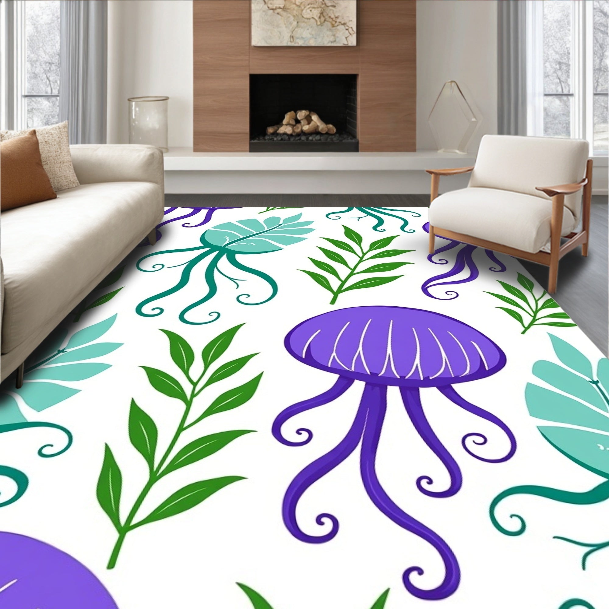Vibrant Purple Jellyfish Teal Leaves Rug