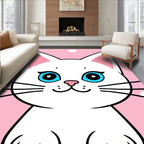 Playful White Cat Pink Polka Dot Rug