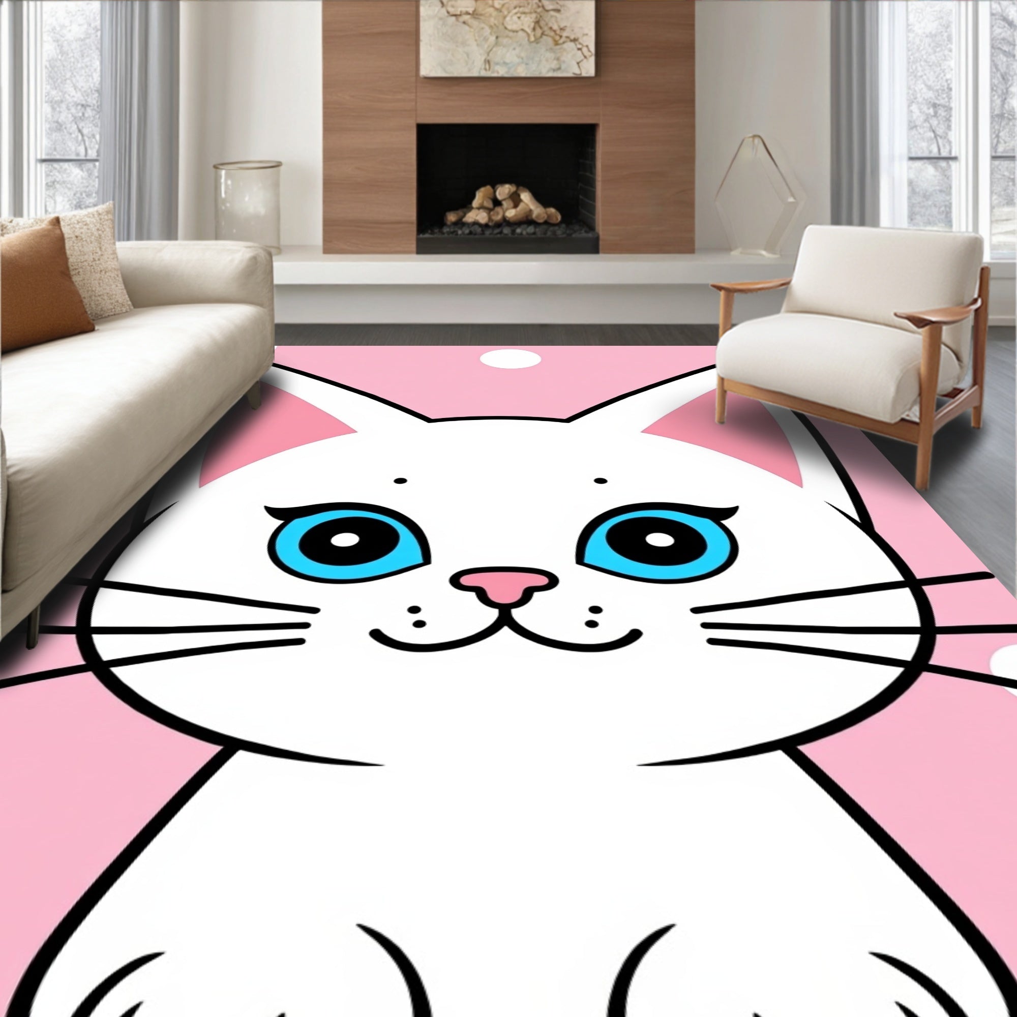 Playful White Cat Pink Polka Dot Rug