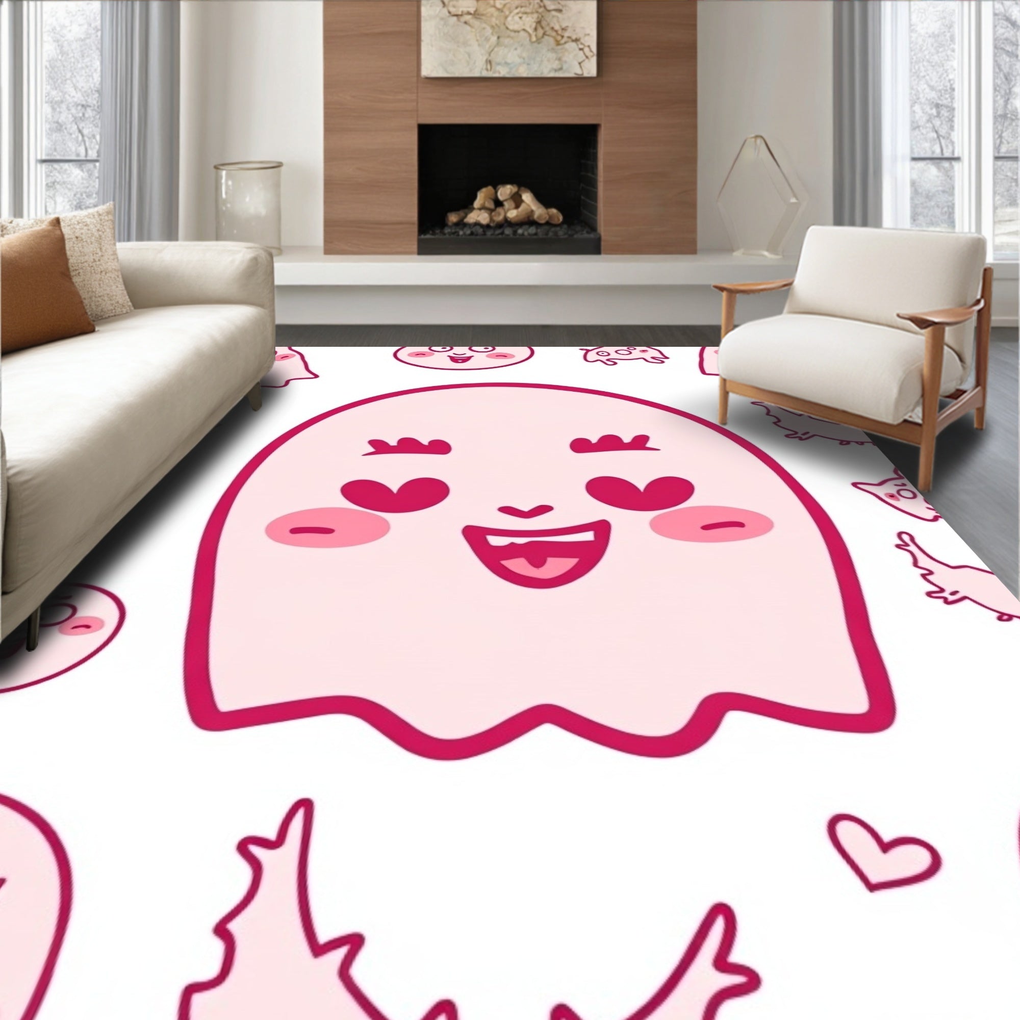 Cute Pink Ghost Heart Eyes Collection Rug