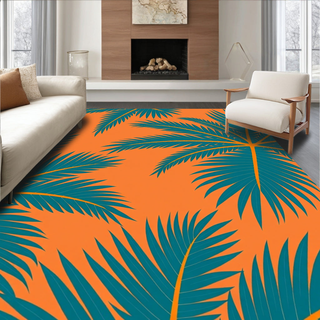 Teal Palm Frond Tropical Orange Rug
