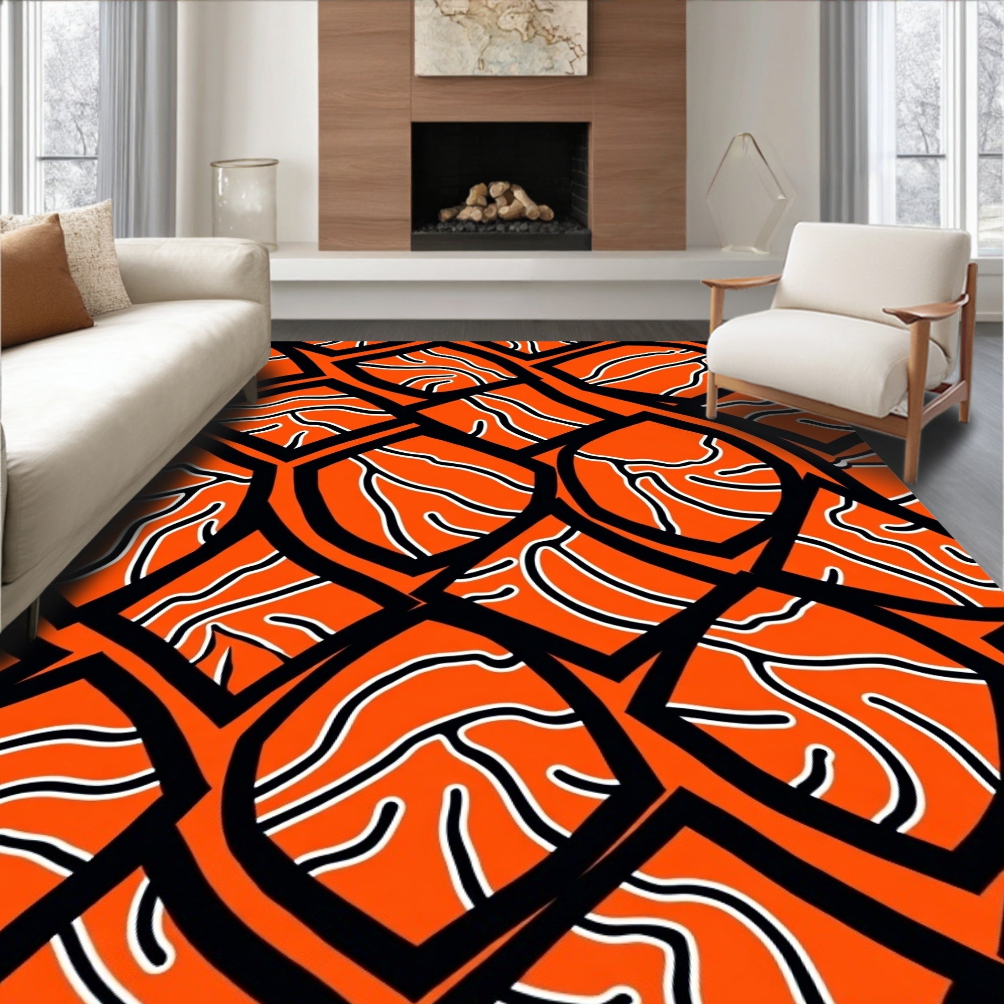 Bold Orange Black Jagged Geometric Rug