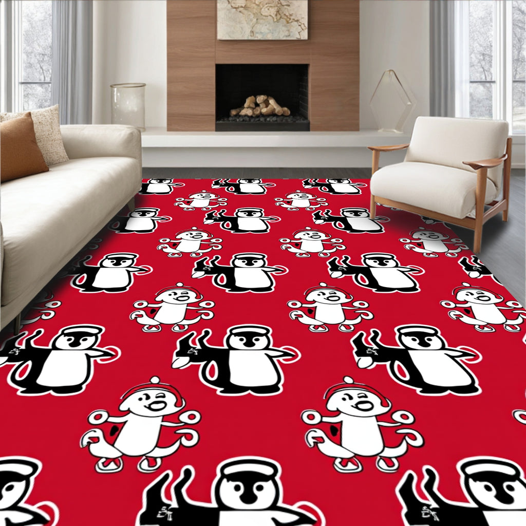 Red Black White Penguin Repeat Rug