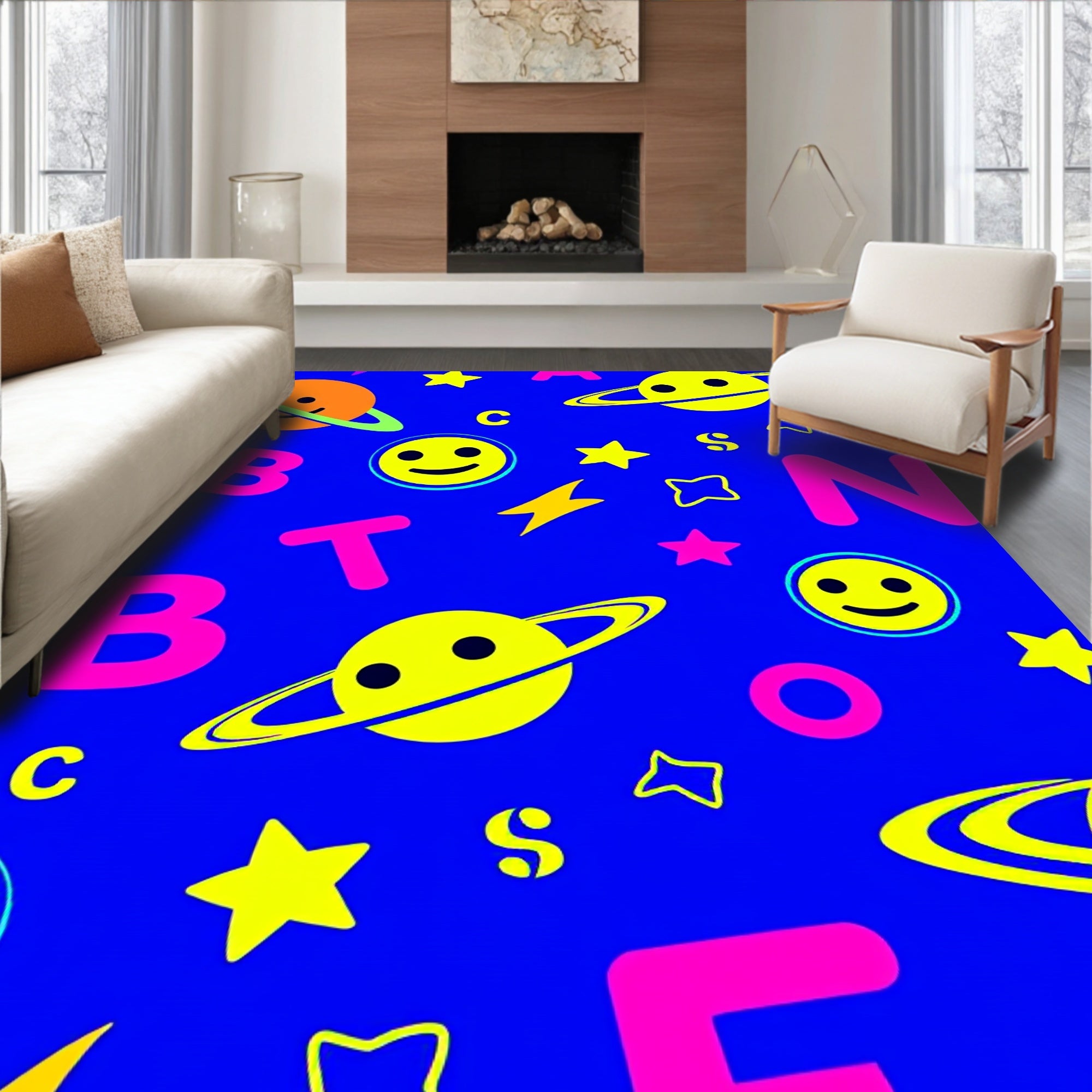 Vibrant Space Smiley Planet Alphabet Rug