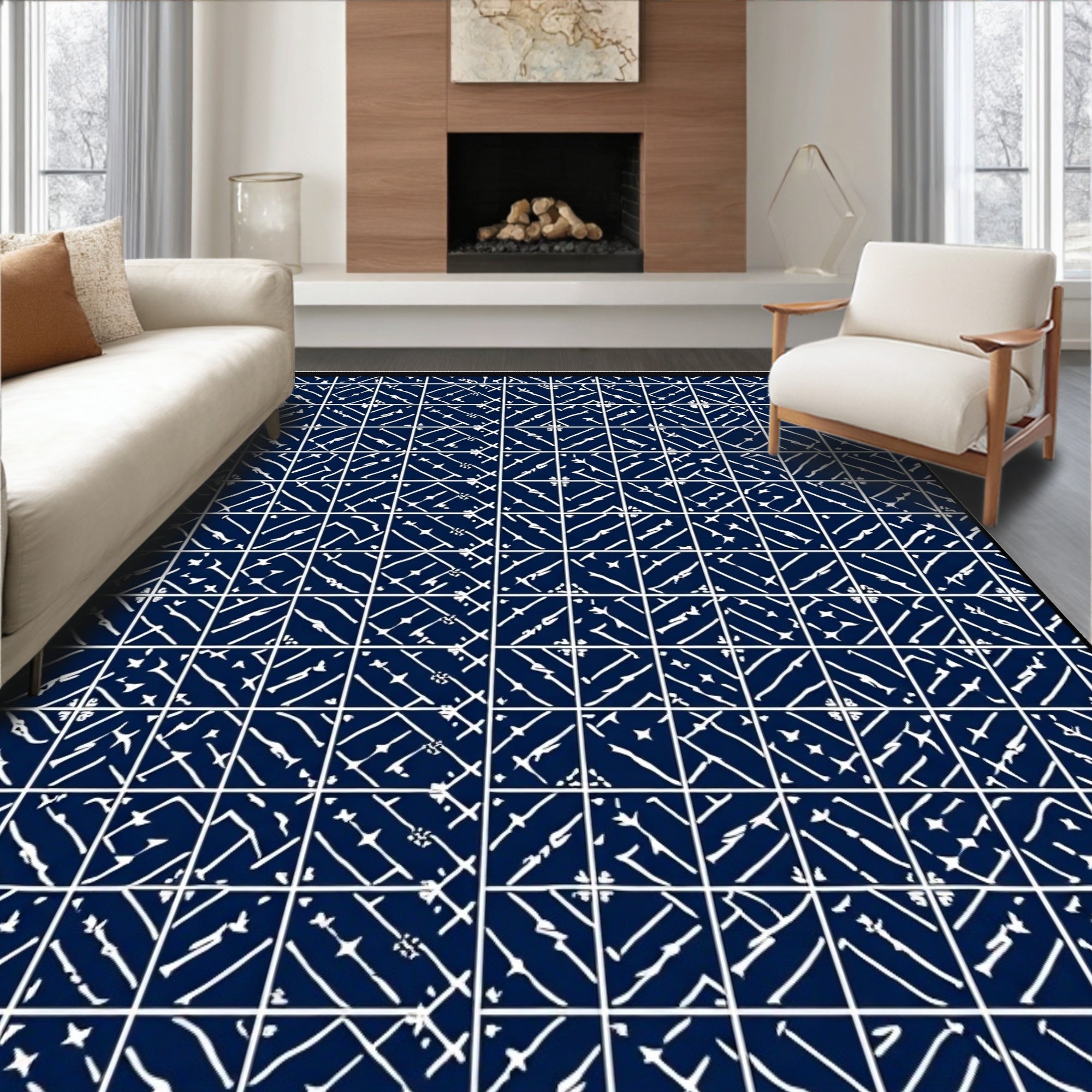 Navy White Scattered Diagonal Squares Rug