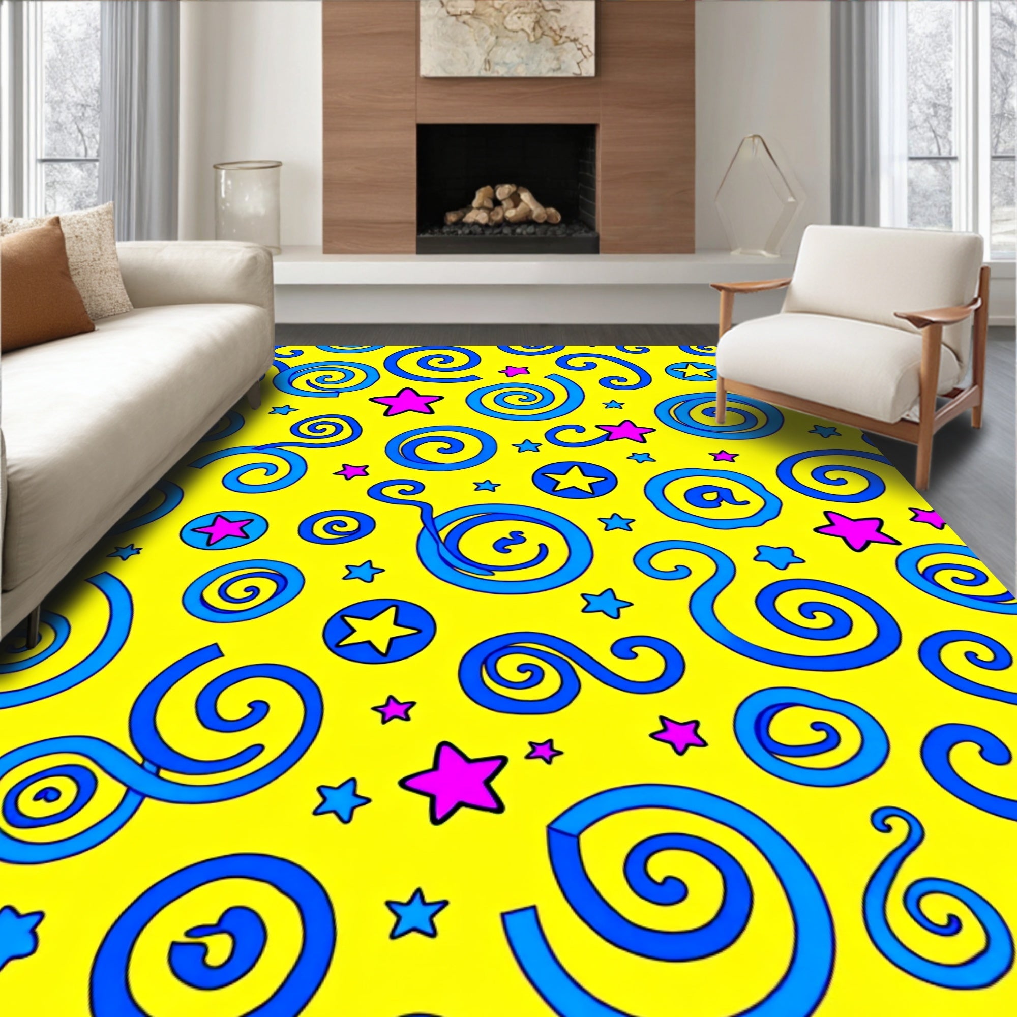 Yellow Blue Swirl Star Explosion Rug