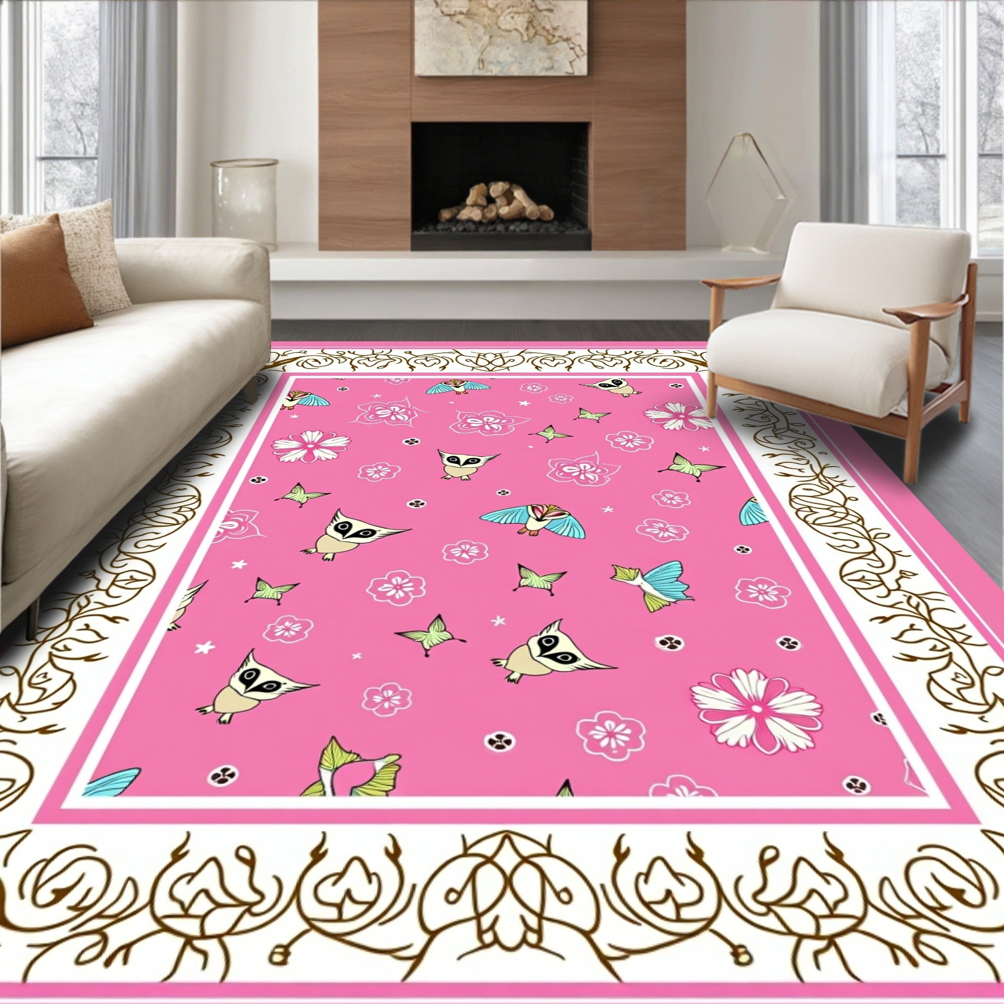 Pink Whimsical Owl Butterfly Floral Rug