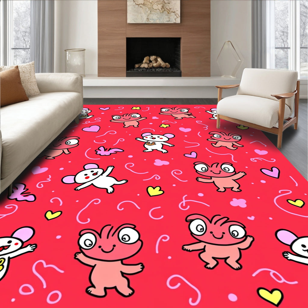 Whimsical Red Creatures Hearts Swirls Rug