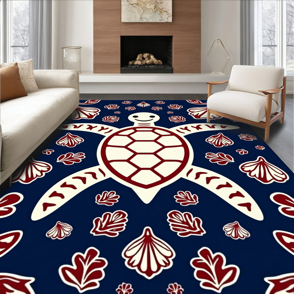 Navy Red Turtle Shell Foliage Rug