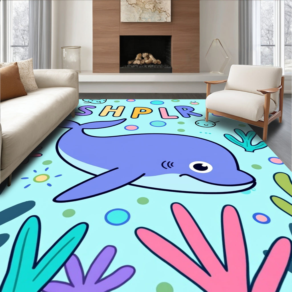 Playful Blue Dolphin Coral Reef Underwater Rug