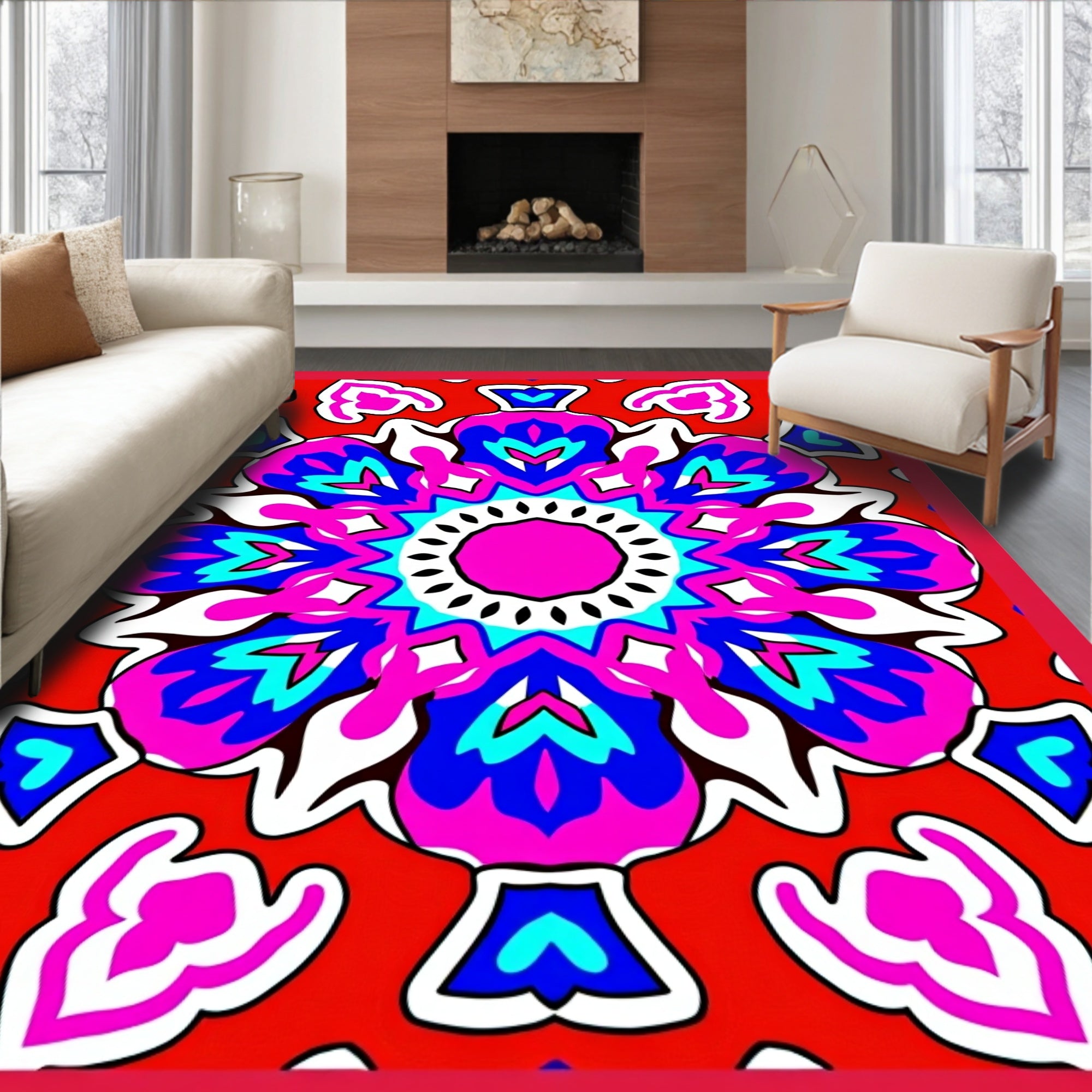 Vibrant Fuchsia Blue Red Mandala Rug