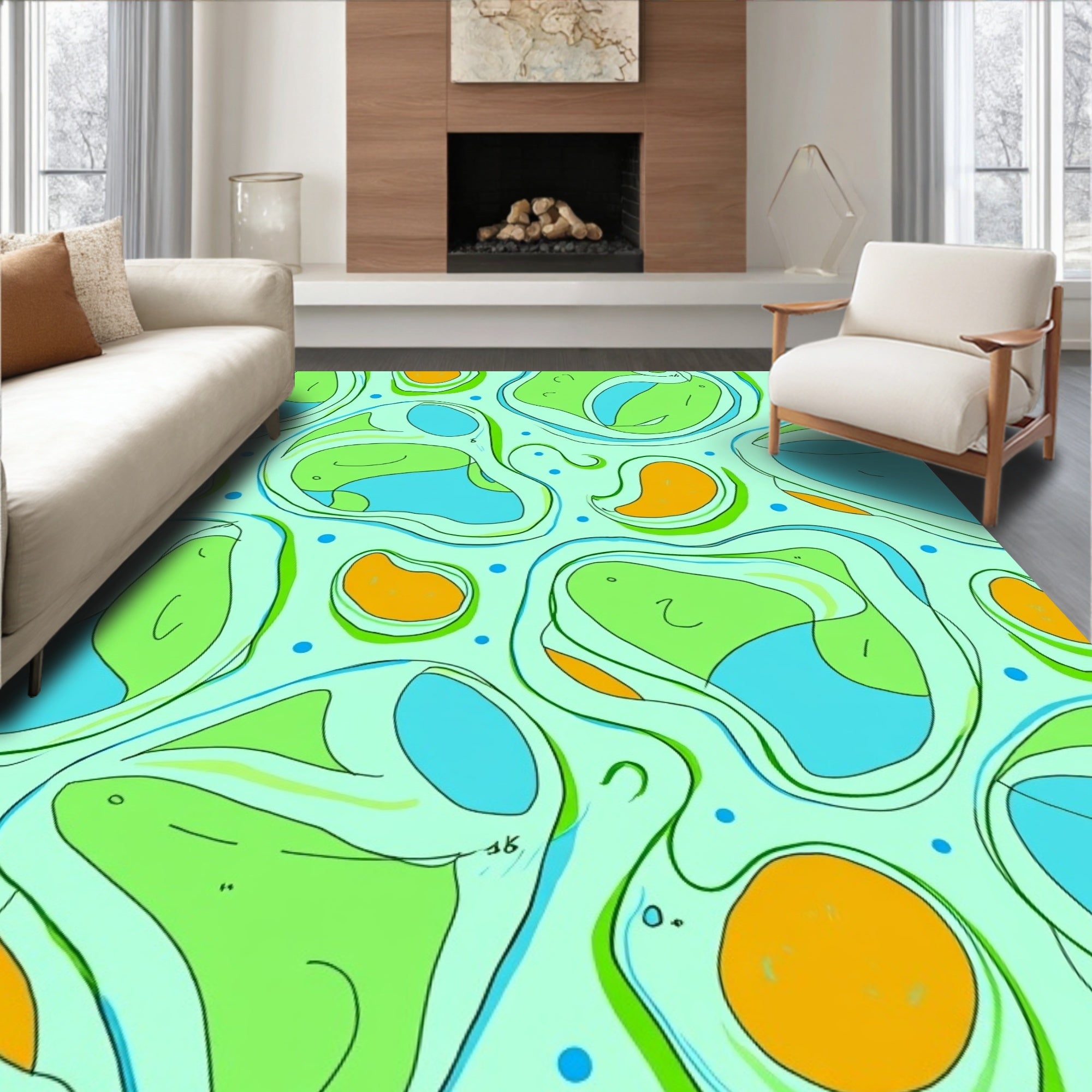 Playful Orange Blue Biomorphic Shapes Rug